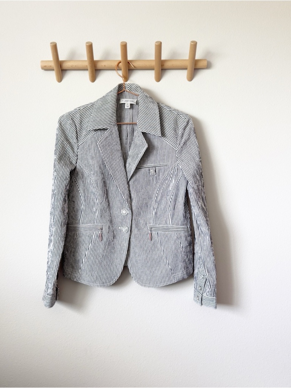 St. John Black & White Pinstripe Seersucker Blazer